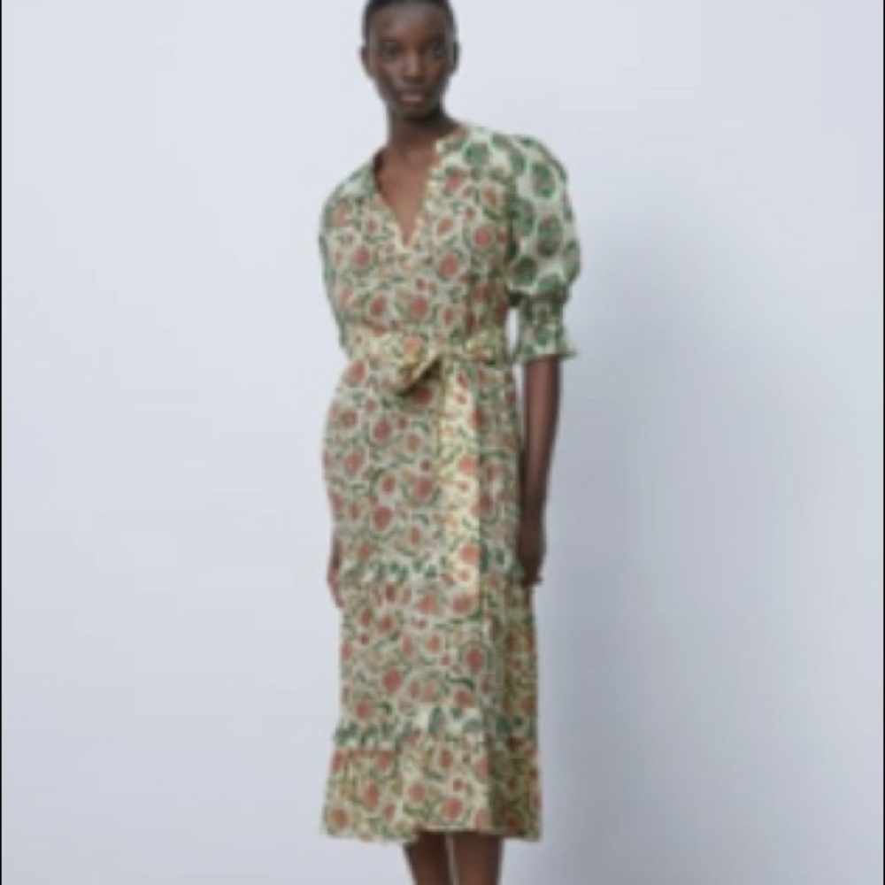 Zara Printed Midi Ecru Dress